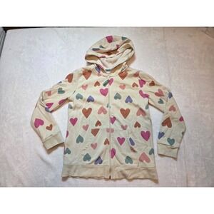 226 Cat & Jack Girls L 10/12 Heart Print Full Zip Hoodie Cream Pink Blue Jacket